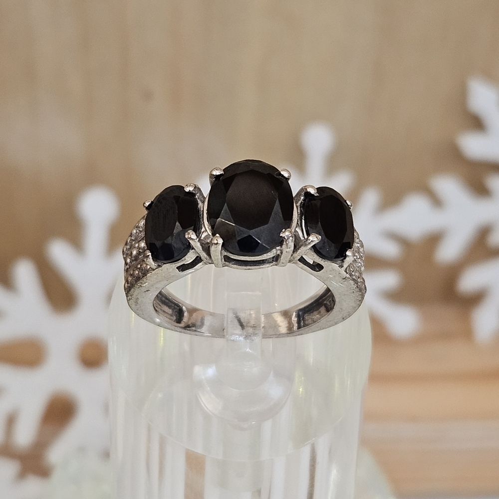 Black Onyx 3 Stone Ring Sterling Silver Rhodium Plated Ring Size 5 US